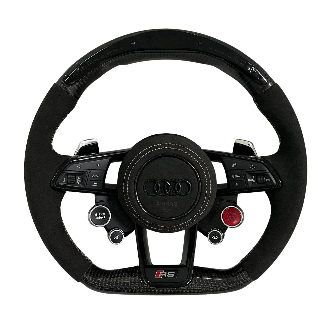 Volant Audi RS en carbone brillant et alcantara noir avec boutons Drive Select et Start/Stop – compatible airbag et commandes multifonctions.