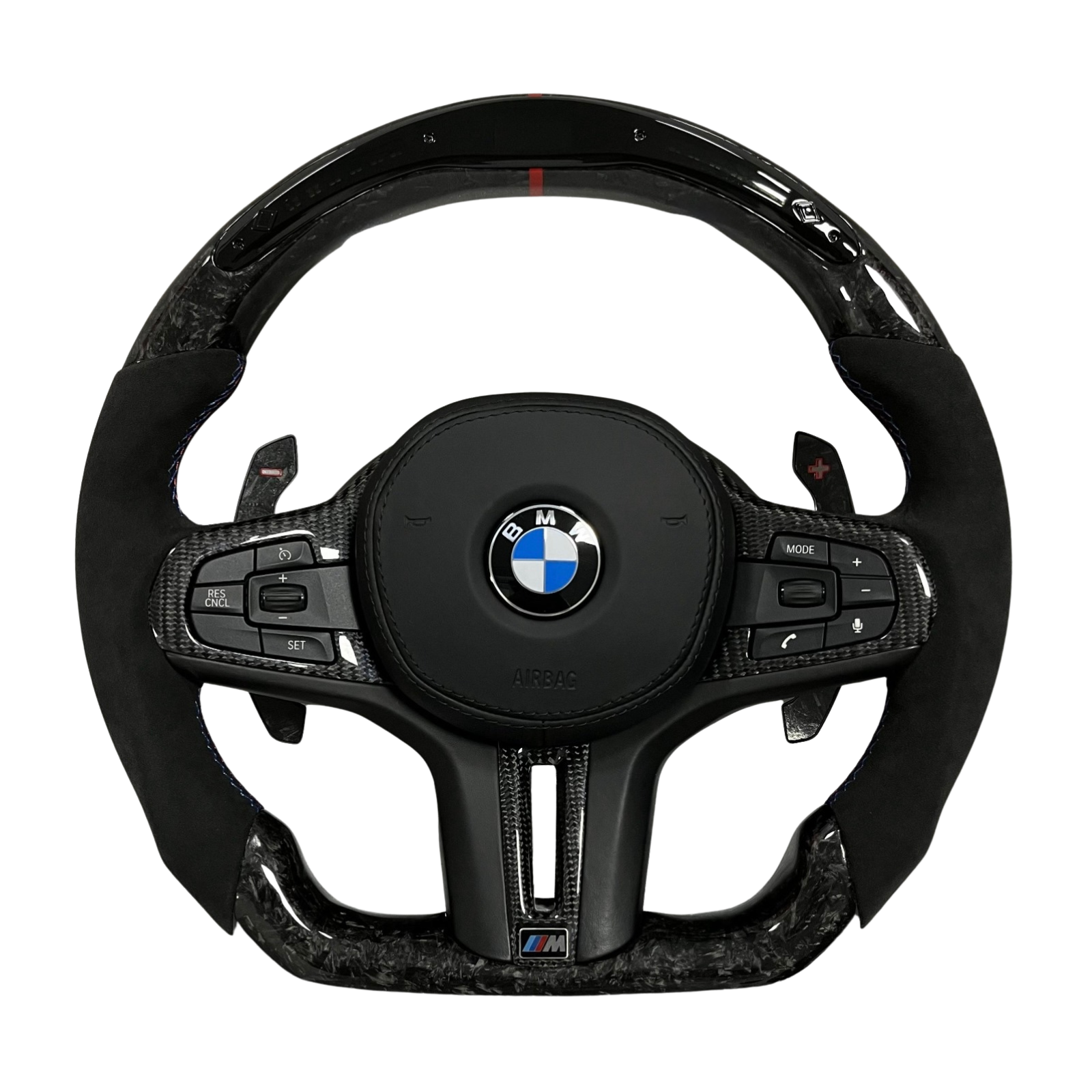 Volant BMW M en carbone forgé et alcantara noir avec repère racing rouge et palettes de vitesses