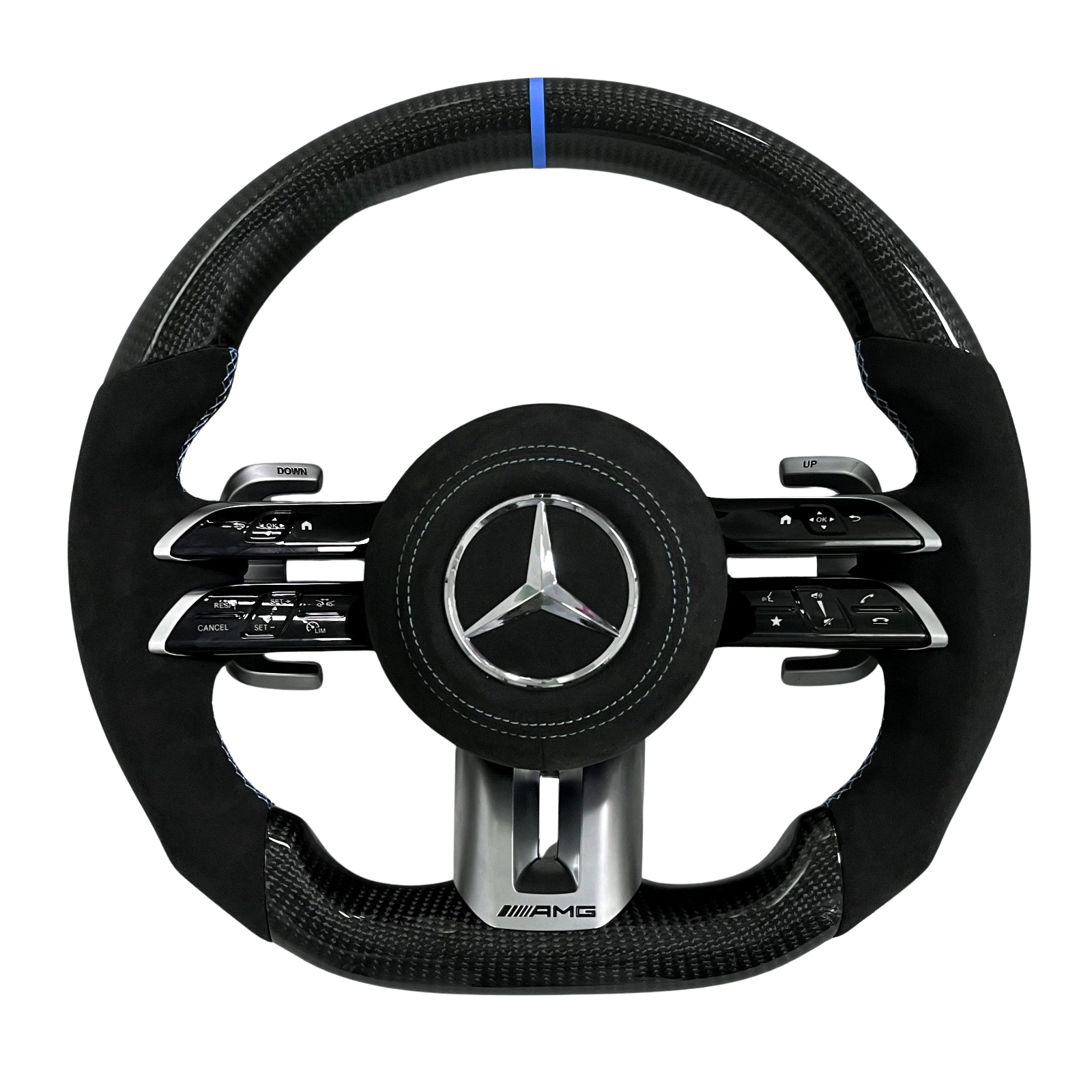 Volant Mercedes AMG en carbone et alcantara noir avec surpiqûres bleues et repère racing bleu