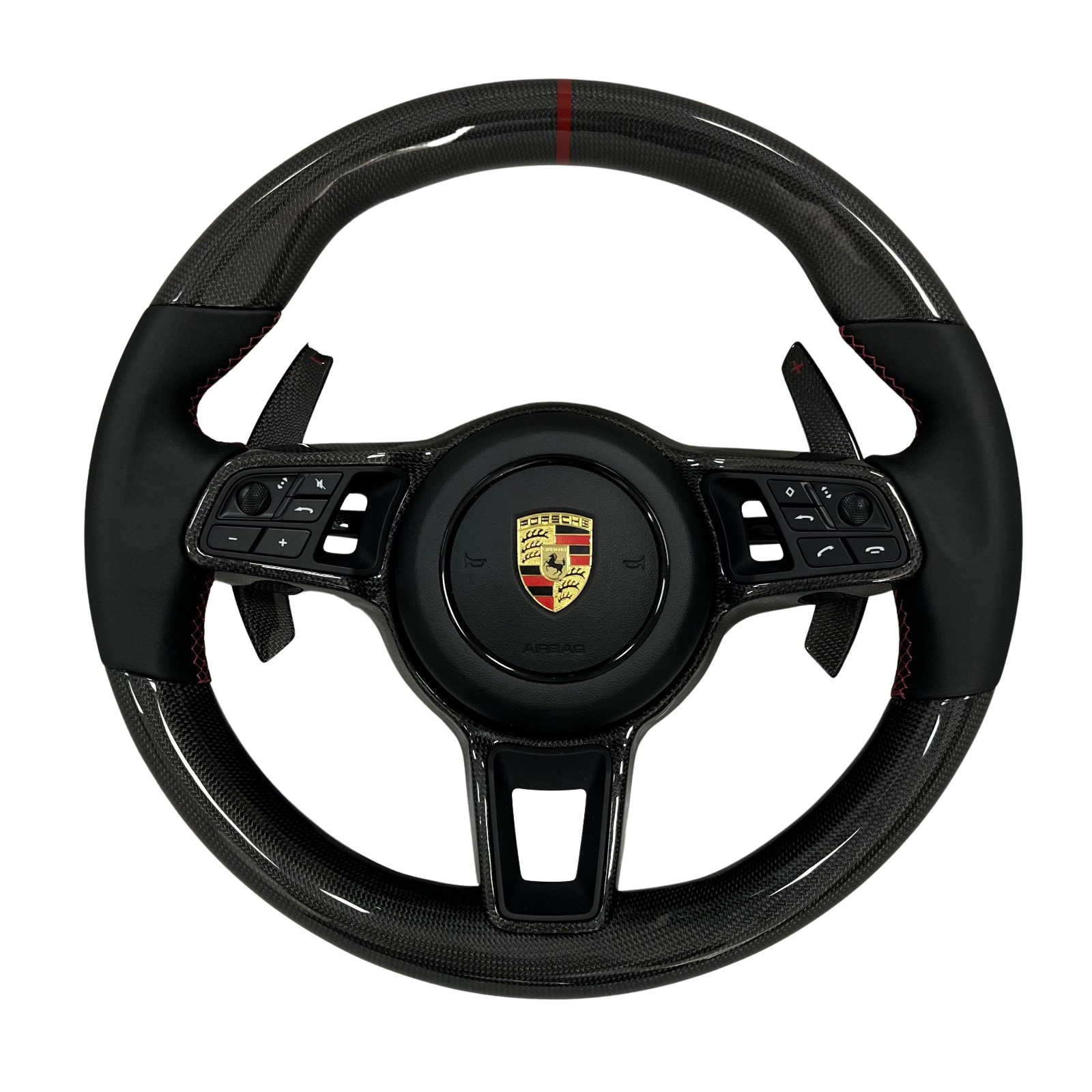 Volant Porsche en carbone et cuir noir avec surpiqûres rouges et repère racing rouge
