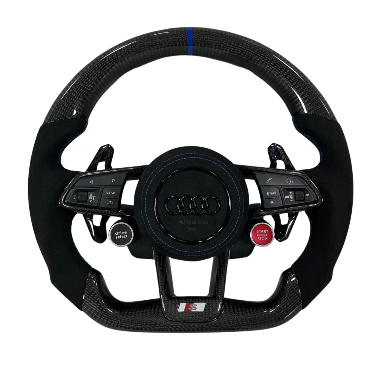 Volant Audi S en carbone et alcantara noir avec surpiqûres bleues, repère racing bleu et boutons Drive Select et Start Stop