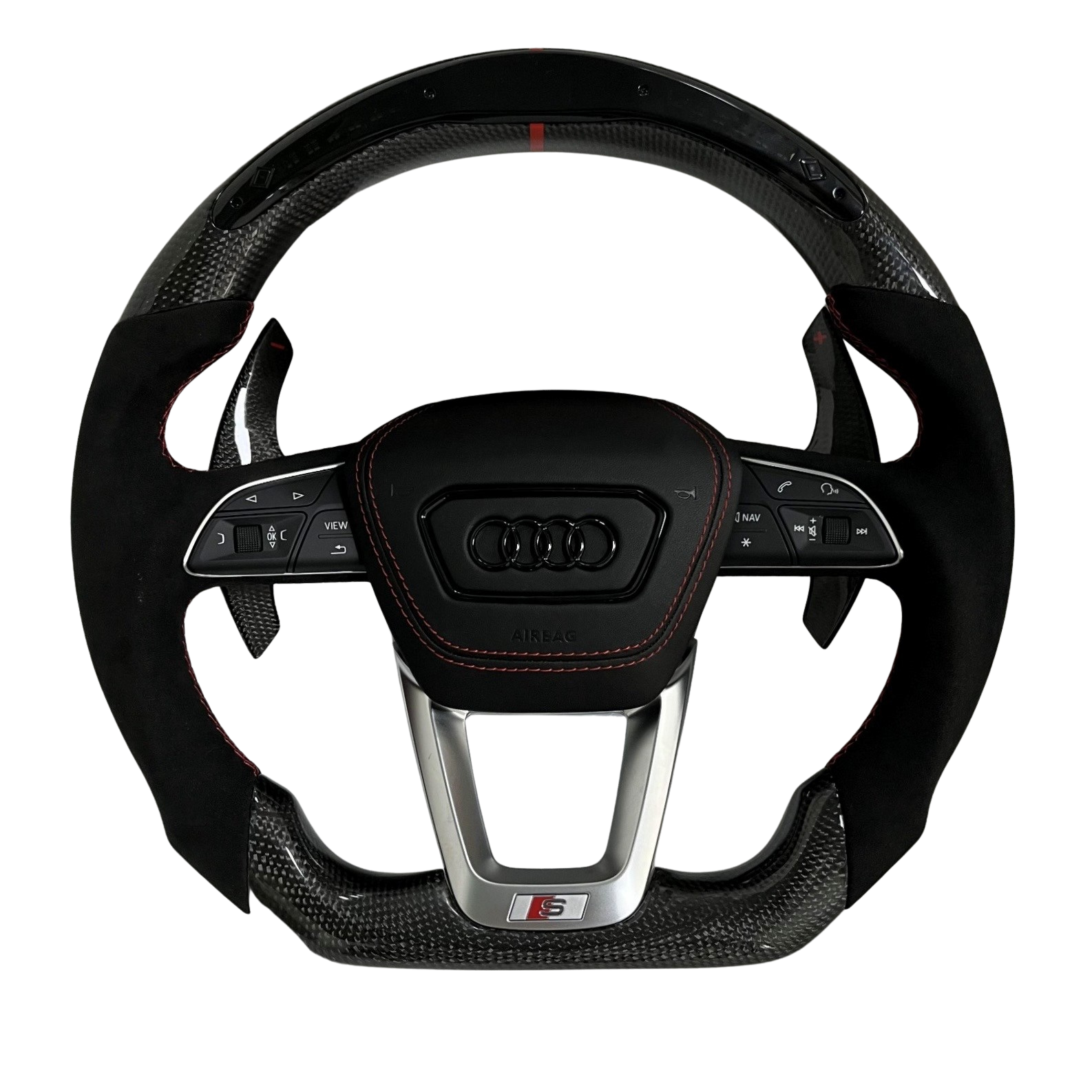 Volant Audi S en carbone et alcantara noir avec surpiqûres rouges et repère racing à 12h