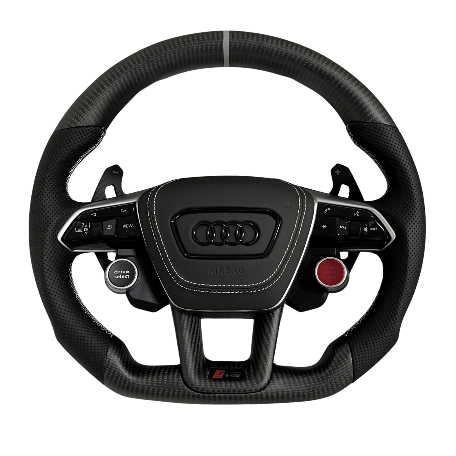 Volant Audi S-Line S4 S5 S6 en carbone brillant et alcantara noir avec surpiqûres rouges – compatible retrofit