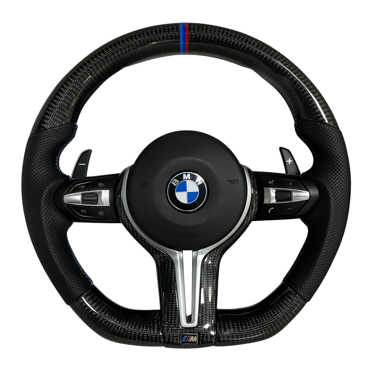 Volant BMW M en carbone et cuir perforé noir avec repère racing tricolore M Performance