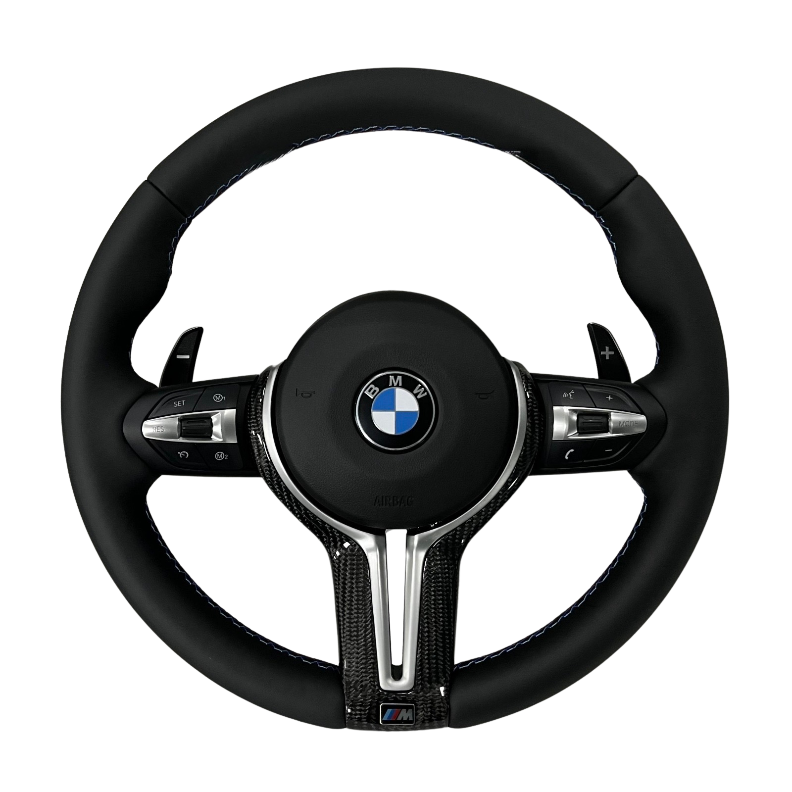 Volant BMW M en cuir lisse noir avec insert carbone, surpiqûres bleues et palettes de vitesses