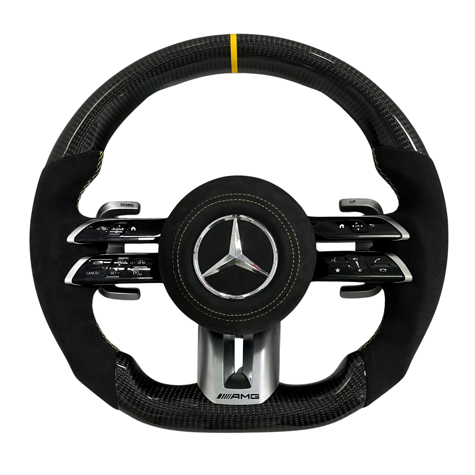 Volant Mercedes AMG en carbone et alcantara noir avec surpiqûres jaunes et repère racing jaune