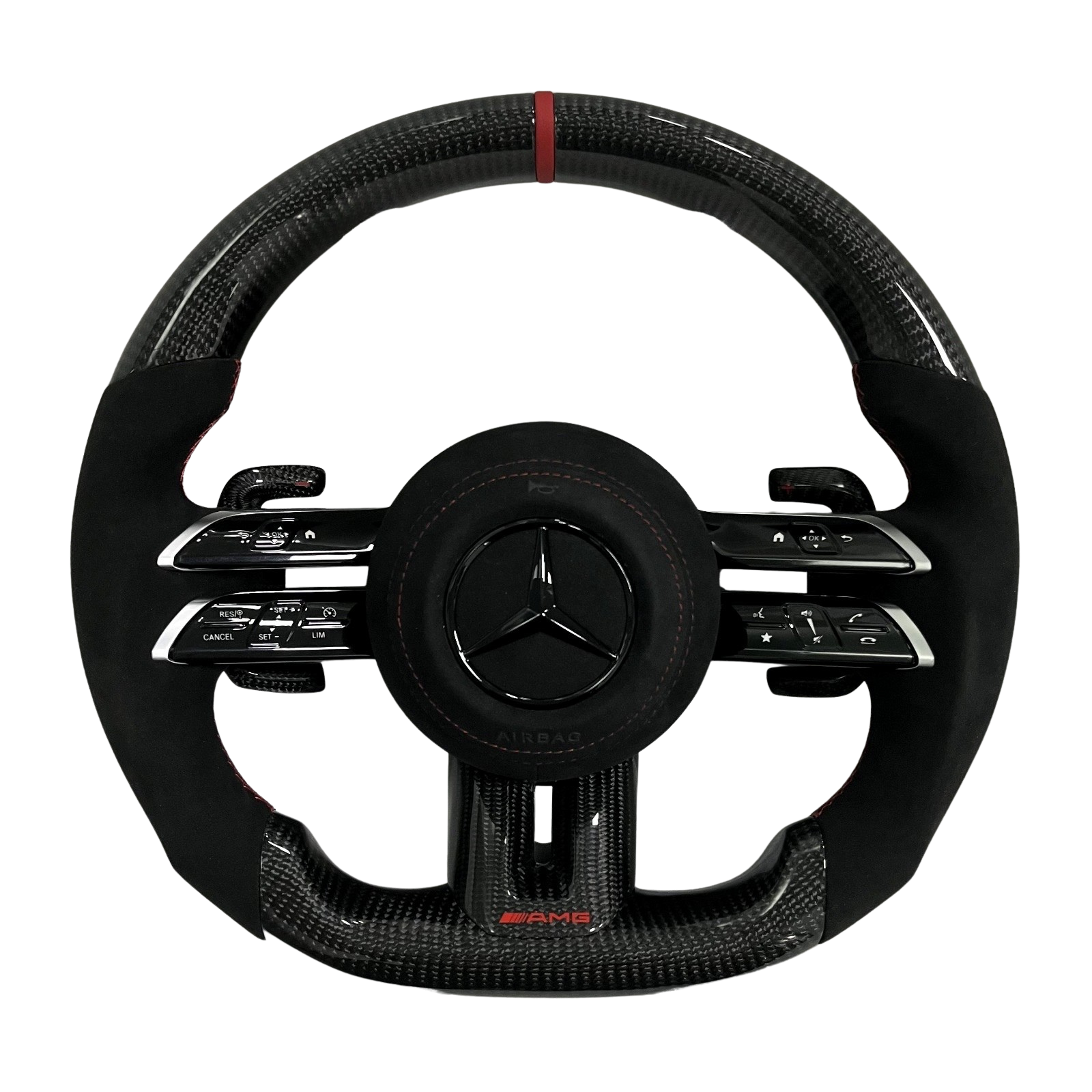Volant Mercedes AMG en carbone et alcantara noir avec surpiqûres rouges et repère racing rouge