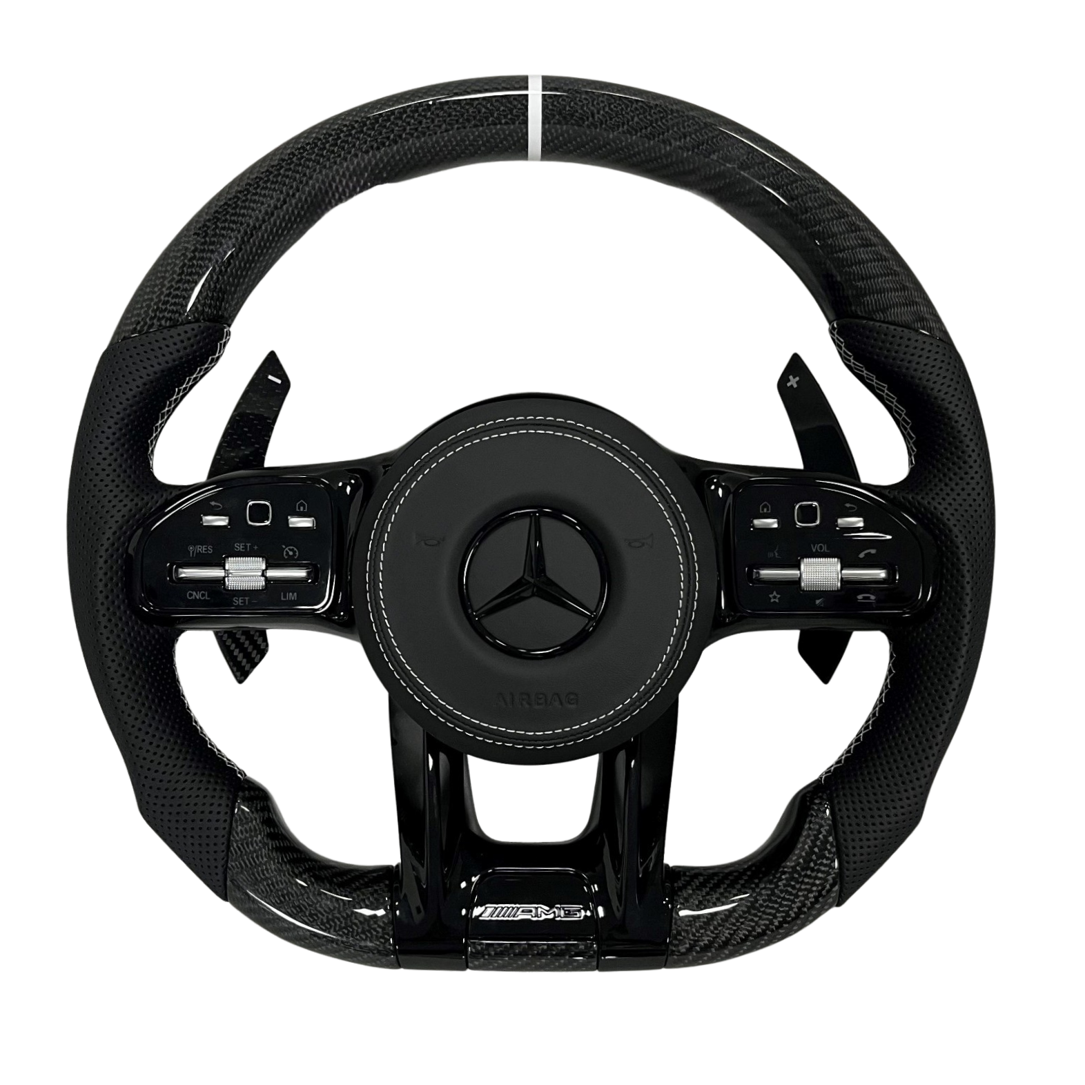 Volant Mercedes AMG en carbone et cuir perforé noir avec surpiqûres blanches et repère racing blanc