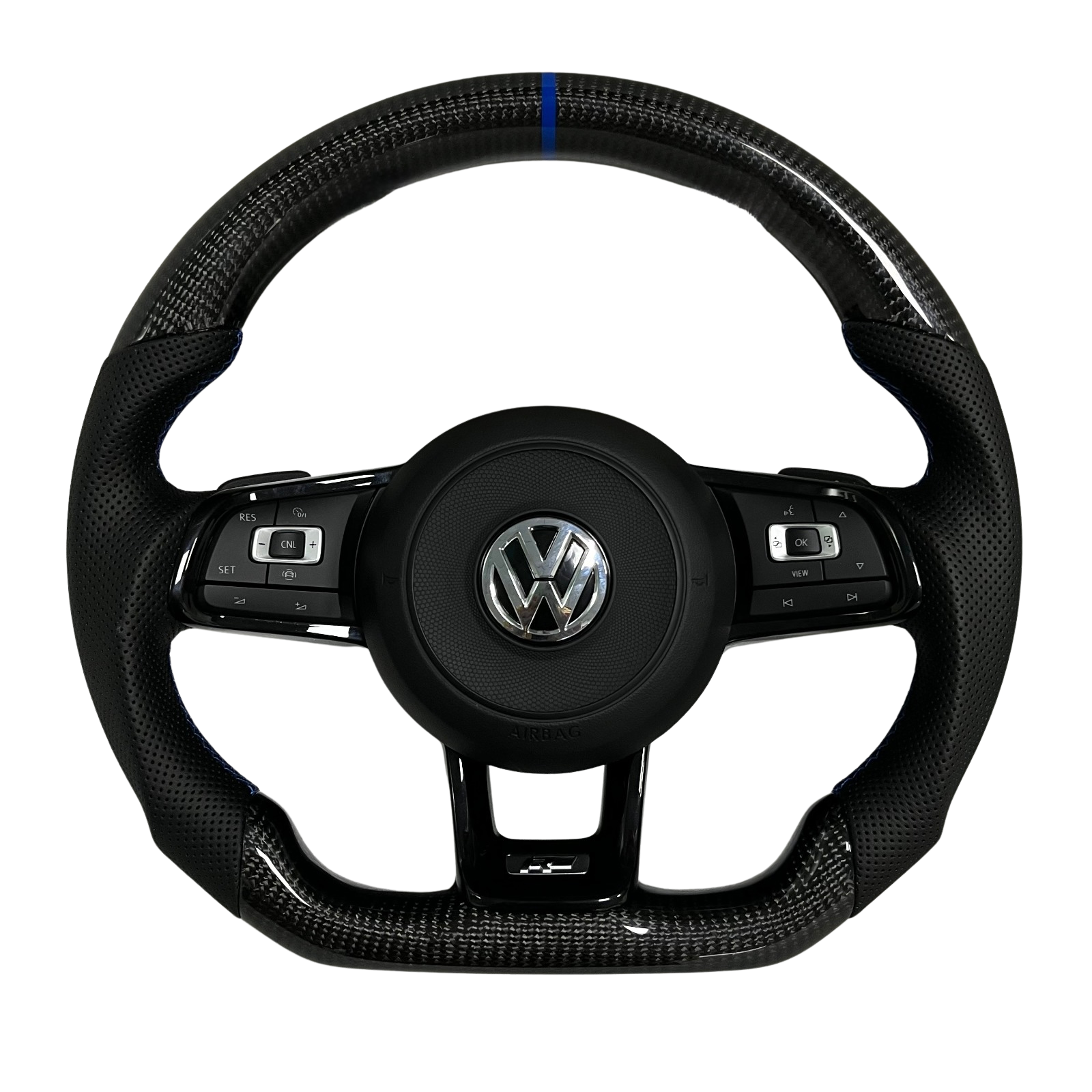 Volant Volkswagen R en carbone et cuir perforé noir avec surpiqûres bleues et repère racing bleu